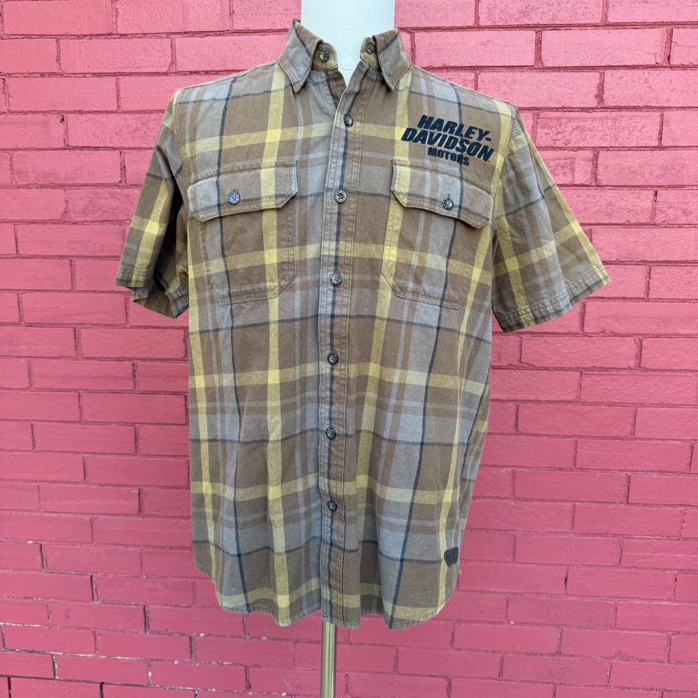 Harley Davidson Motors Mens Plaid Short Sleeve‎ Button Up Shirt